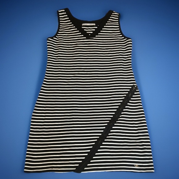 COCO & tashi Black & White striped V-neck Dress with zipper detailing sz L - Picture 1 of 12